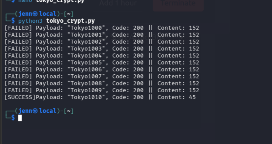 tokyo_crypt.py output showing the successful password match